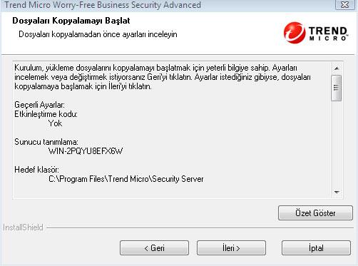 Security Server'ı Yükleme Aşama 3: Yükleme İşlemi Dosyaları Kopyalamayı Başlat Dosyaları Kopyalamayı Başlat ekranı, WFBS'nin yüklemesi süresince kullanılacak