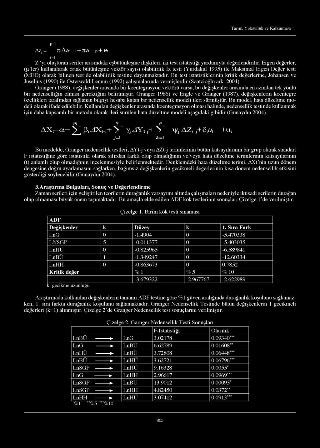 Bu test istatistiklerinin kritik değerlerine, Johansen ve Juselius (1990) ile Osterwald-Lenum (1992) çalışmalarında vermişlerdir (Saatcioğlu ark. 2004).