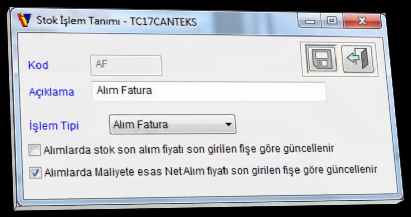 Belirtilen stok iģlem kodunda Alımlarda Maliyete esas Net Alım fiyatı son