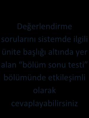 DEĞERLENDİRME SORULARI Değerlendirme sorularını sistemde ilgili ünite başlığı altında yer alan bölüm sonu testi bölümünde etkileşimli olarak cevaplayabilirsiniz 1.