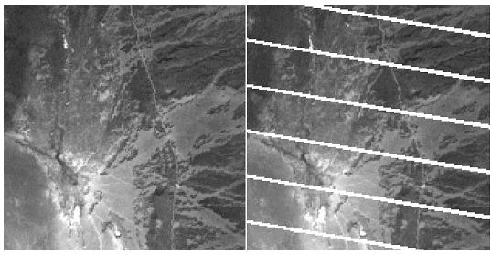 eksik çizgiler içermesidir. SLC-Off görüntüler adı verilen bu görüntülerin merkezinden uzaklaştıkça eksik çizgiler artmakta ve belirginleşmektedir (Şekil 3).