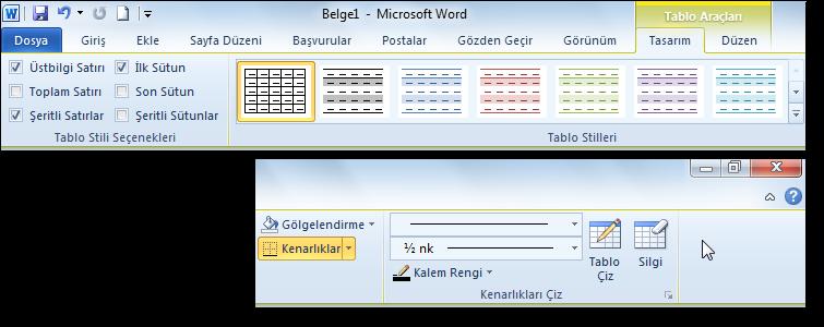 Hücre kenarlık genişliğini, stilini veya rengini değiştirme Tablolardaki hücrelerin kenarlıklarıyla ilgili düzenlemeler yapmanın birinci yolu daha önce paragraflara kenarlık ve gölgeleme