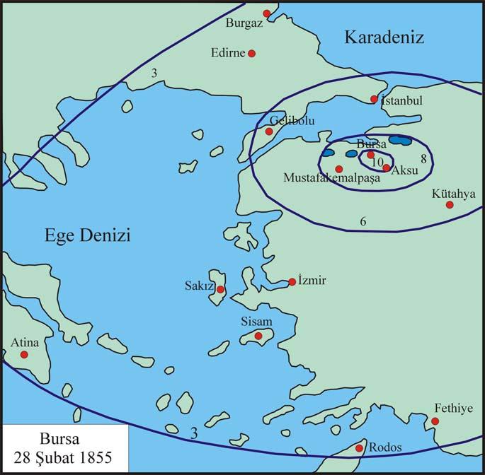 11 Nisan 1855 Io = X : 28 Şubat 1855 teki depremden 44 gün sonra gece 01:30 da şiddetli bir deprem daha olmuş, yaklaşık 2 saat sonra da 30 sn süren ve öncekine nazaran daha şiddetli olan ana şok