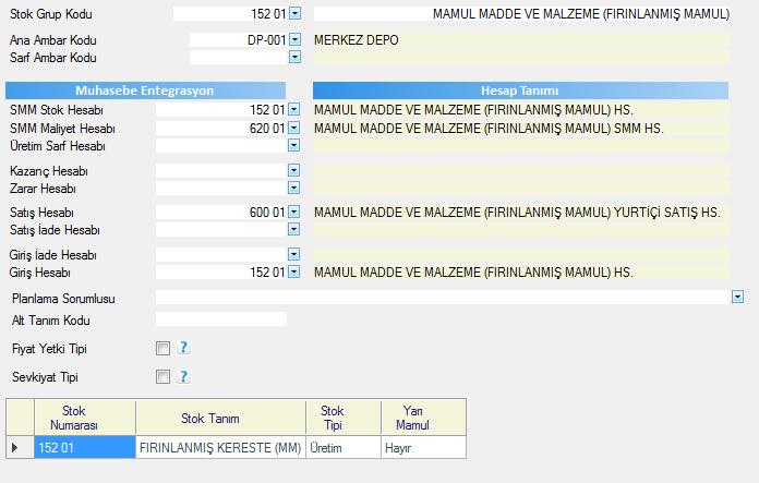 Mamul Madde Muhasebe Bağlantı Hesap Tanımları Üretilen Mamul Madde 152 01 Hesap Kodu ile sisteme kaydedilir.