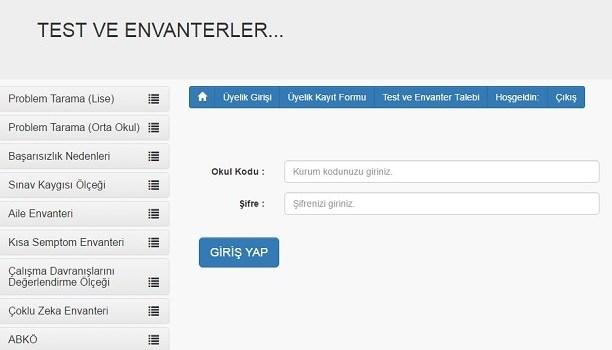 ÜYE GİRİŞ SEKMESİ Öğrencilerin Test ve Envanterleri uygulaması için Üyelik girişi yapmalarına gerek yoktur.