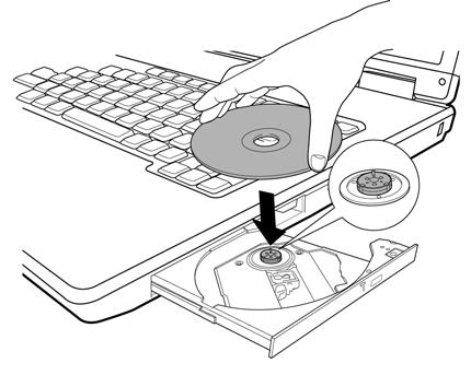 Diskin takılması Tepsi tamamen açıkken bilgisayarın uzunluğu disk tepsisinin boyunu aşar.