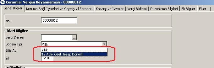 12 Aylık Özel Hesap Döneminde ise yine mali yıl baz alınır ancak