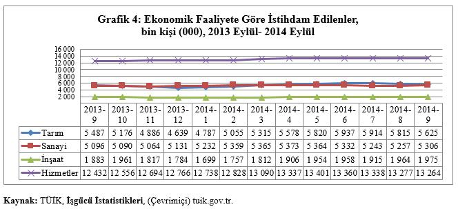 Ekonomik faaliyete göre istihdam edilenlere bakıldığında, geçen yılın aynı dönemine göre Eylül 2014 itibariyle tüm sektörlerdeki istihdam artışının devam ettiği görülmektedir.