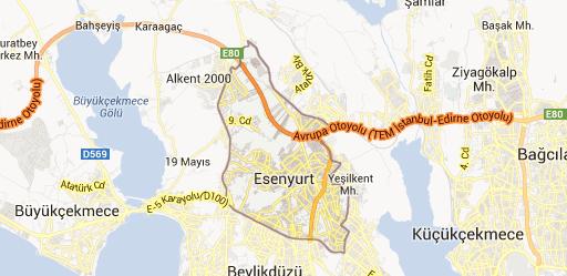 4.4.2 Esenyurt İlçesi Esenyurt İlçesi nin doğusunda Küçükçekmece Gölü, batısında Büyükçekmece, kuzeyinde Hoşdere köyü ve TEM Karayolu, güneyinde Beylikdüzü, Firuzköy ve E-5 Karayolu bulunmaktadır.