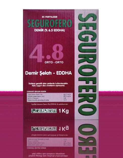 (Demir Şelatı) EDDHA Fe 6.5 Ürün Hakkında: Segurofero 4.8 ortho-ortho değeri, 6.5 Demir içeriği ve EDDHA şelatlı toz formunda bir demir gübresidir.