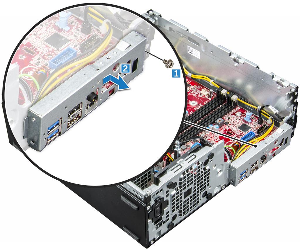 e f g h i j ısı emicisi işlemci genişletme kartı bellek modülü M.2 PCIe SSD SD kart okuyucu 3 I/O panelini çıkarmak için: a G/Ç panelini sabitleyen vidayı sökün [1].