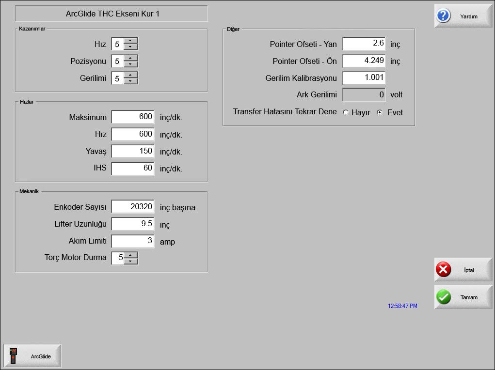 3 - Torç Yükseklik Kontrolü Ekseni Kurulumu ArcGlide THC ekseni Makine Kurulumları ekranında ArcGlide THC yi seçtiyseniz aşağıdaki kurulum ekranı kullanılabilir.