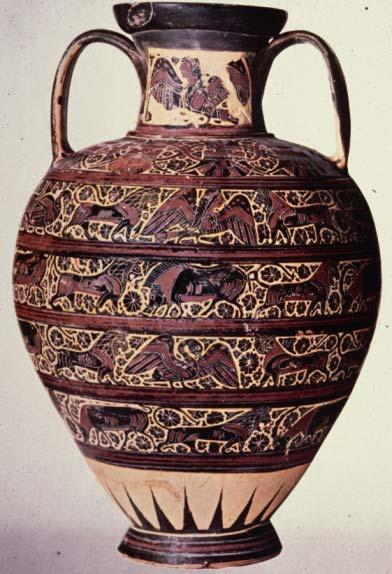 Resim 33: Geç Korint Siyah Figür (Amphora) Kaynak: Sanat Tarihi Ders Notu,Özhanlı, 2007/1 Bu dönemde Siyah figür tekniğinde kırmızı zemin üzerine