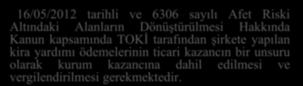 16/05/2012 tarihli ve 6306 sayılı Afet Riski Altındaki Alanların Dönüştürülmesi Hakkında Kanun kapsamında TOKİ tarafından şirkete