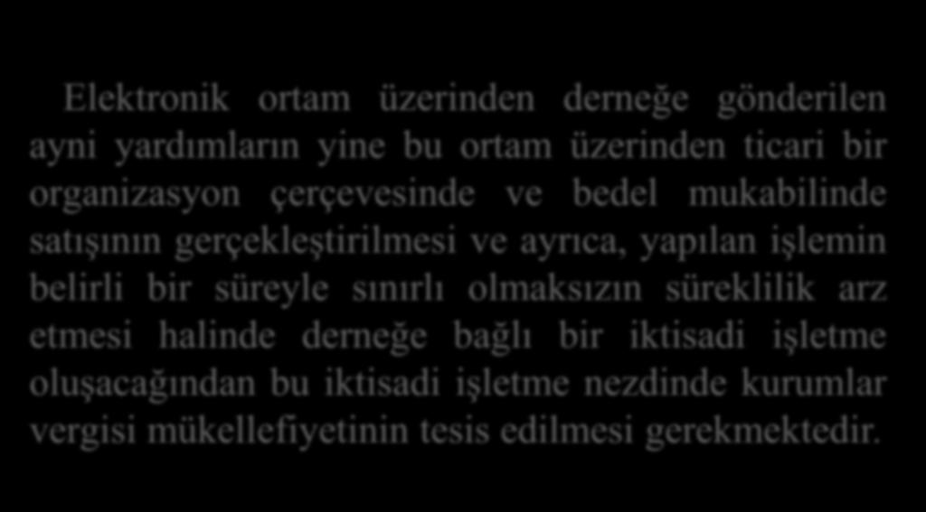 Elektronik ortam üzerinden derneğe gönderilen ayni yardımların yine bu ortam üzerinden ticari bir organizasyon çerçevesinde ve bedel mukabilinde satışının gerçekleştirilmesi ve ayrıca, yapılan