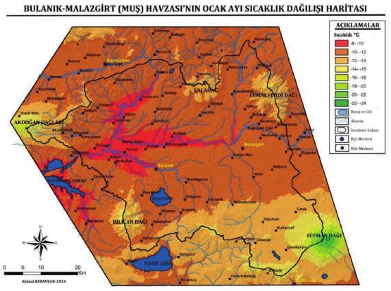 Bingöl Üniversitesi Sosyal Bilimler Enstitüsü Dergisi, Yıl: 6 Cilt: 6 Sayı: 12 Güz: 2016 Şeki 7: Bulanık-Malazgirt (Muş) Havzası nın Ocak Ayı Ortalama Sıcaklık Dağılış Haritası Şekil 8: