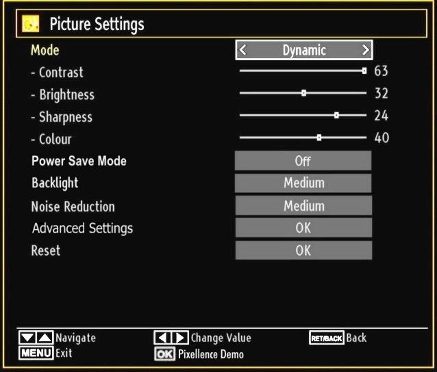 Use or button to set an item. Press MENU button to exit. Pixellence Demo Mode: While Mode option is highlighted in picture menu, Pixellence demo mode will be displayed bottom of the menu screen.