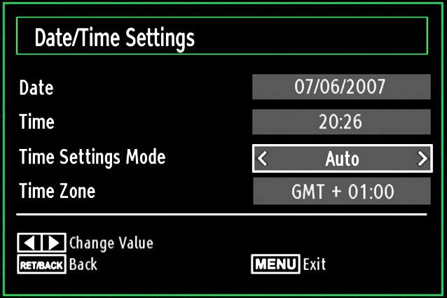 Configuring Date/Time Settings Select Date/Time in the Settings menu to configure Date/Time settings. Press OK button. Select Sources in the Settings menu and press OK button.