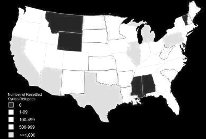 Üç eyalet (Alabama, Mississippi ve Wyoming) 2016 yılı sonu itibariyle Suriyeli mülteci almadı; 10 eyalet (Arkansas, Kansas, Louisiana, Maine, New Hampshire, New Mexico, Kuzey Dakota, Oklahoma, Güney