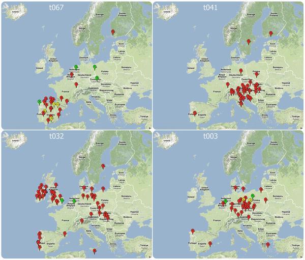 Figure 4. Location of laboratories isolating S. aureus of spa types t067, t041, t032, and t003, which are the four most significant regional clusters on SRL-Maps.