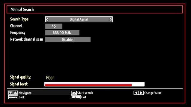 Select Automatic Channel Scan (Retune) by using / button and press OK button. Automatic Channel Scan (Retune) options will be displayed. You can select options by using / and OK buttons.