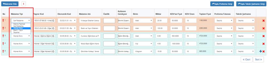 Seçilen, bilgisi doldurulan ve alınması önerilen malzeme listesine eklenen malzemelere teknik şartname ve proforma fatura yüklenmesi zorunludur.