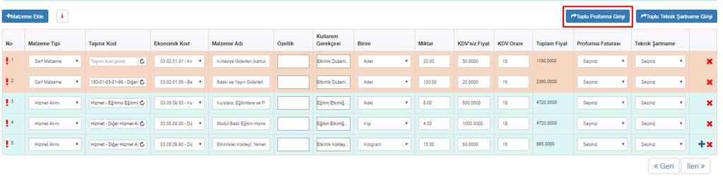 Açılan şartname giriş alanına, proformanın adı ile firmanın ismi yazılır ve proforma sisteme yüklenerek eklenir.