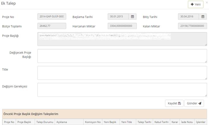 bilgilerini değiştirmek isterse talepler ekranında yer alan proje bilgi
