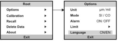 4.6 Dil Seçimi MENU tuşuna uzun süreli basın ve Root - Options - Language adımlarını takip