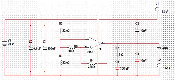 Devreler ±12V simetrik beslemeye ihtiyaç duymaktadır. Bu nedenle; 24V DC voltajı simetrik olarak ±12V bölen bir devre tasarlanmıģtır. Devre Ģematiği ġekil 4.3 te görülmektedir.