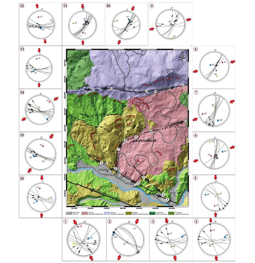Mehmet DEMİREL, Orhan TATAR, Fikret KOÇBULUT Şekil 5. Ölçüm yapılan istasyonların jeoloji haritası üzerinde dağılımı ve kinematik analiz sonuçları. Figure 5.
