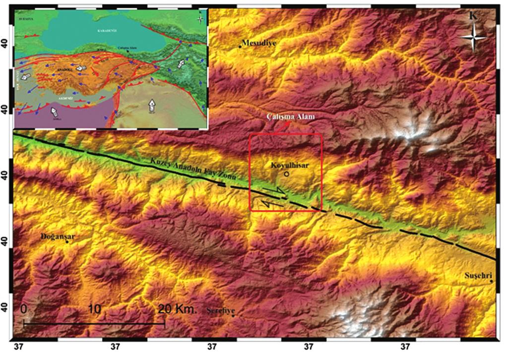 Kuzey Anadolu Fay Zonu Üzerinde Koyulhisar (Sivas) ve Yakın Çevresindeki Fayların Kinematik Özellikleri içerisinde karmaşık bir iç deformasyon gelişmekte ve saatin tersi yönünde bir rotasyonun
