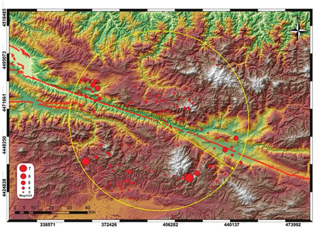 Mehmet DEMİREL, Orhan TATAR, Fikret KOÇBULUT Şekil 4. Çalışma alanı çevresinde 1900-2014 yılları arasında meydana gelen 3 ve üzeri büyüklükteki depremler.