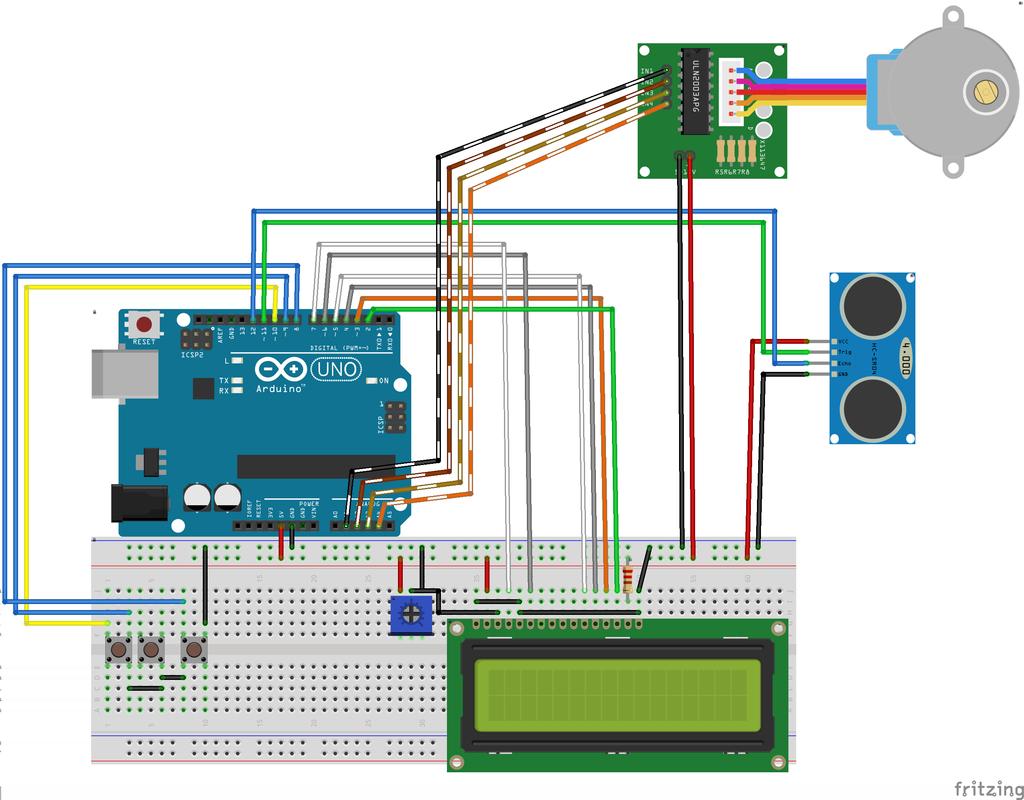 Şekil 10: Devre şeması. 2.4 Kod ve Açıklaması #include <LiquidCrystal.h> #include <CheapStepper.h> LiquidCrystal, LCD ekranımızı kontrol etmek için kullandığımız dahili bir Arduino kütüphanesi.