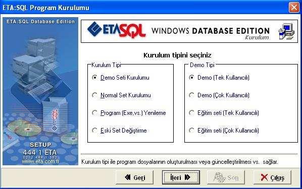 1- Demo Seti Kurulumu : Bu kurulum tipi seçildiğinde, ekranın sağ tarafında Demo Seti Kurulumu için gerekli olan Demo Tipi seçenekleri bulunur. Bu bölümde ise 4 farklı Demo Tipi vardır.