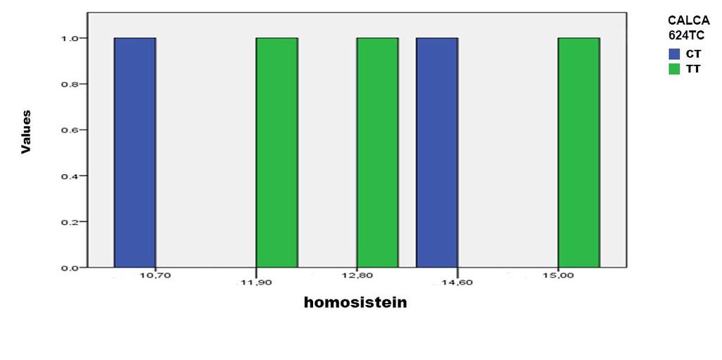Sebebi belirlenemeyenler için 5-15 μmol/l değerleri ve 15 μmol/l değeri üzerindeki plazma total homosistein düzeyleri ile CALCA -624 (T/C) gen polimorfizmleri genotip dağılımları karşılaştırıldı