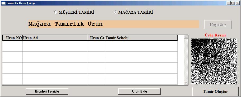 TAMİRLİK ÜRÜN ÇIKIŞI Raporlar Tamir İşlemleri Tamir Ürün Çıkışı menüsünden yeni bir tamir oluşturabilir ve tamire gönderdiğiniz ürünlerin takibini yapabilirsiniz.