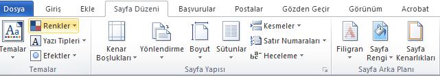 SAYFA DÜZENİ SEKMESİ Temalar / Sayfa Yapısı / Sayfa arka planı / Paragraf / Yerleştir şeklinde gruplandırılmıştır.