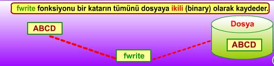Örnek olarak aşağıdaki fonksiyonu göz önüne alalım: fwrite(a, sizeof(a),1,dg); Bu tanımdan şu anlaşılmaktadır: Söz konusu yazdırma işleminde a isimli bir alan