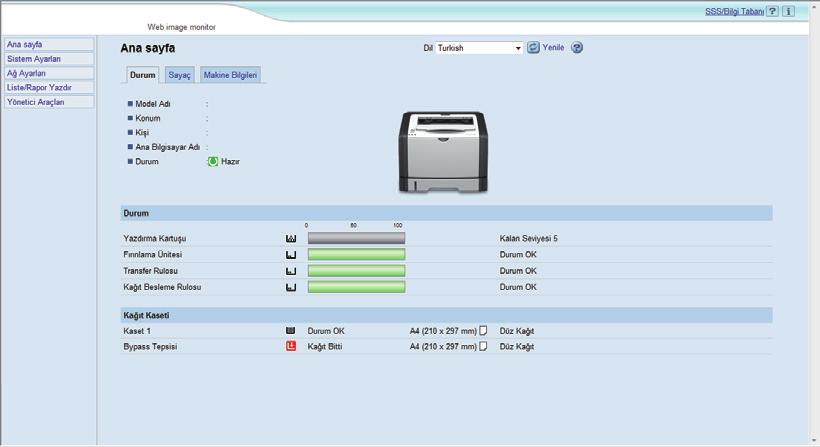 Tek Fonksiyonlu Yazıcı Kullanıyorsanız Wi-Fi Direct şifre anahtarını Web Image Monitor ya da Smart Organizing Monitor kullanarak değiştirebilirsiniz. Web Image Monitor ile Ayar Yapma 1.