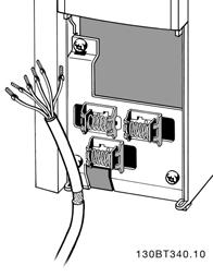 4 Elektrik tesisatı VLT HVAC Sürücü İşletim Yönergeleri 1. Blendajı, kontrol kablolarının frekans dönüştürücü dekuplaj plakasına bağlamak üzere aksesuar çantasından aldığınız kelepçeyi kullanın.