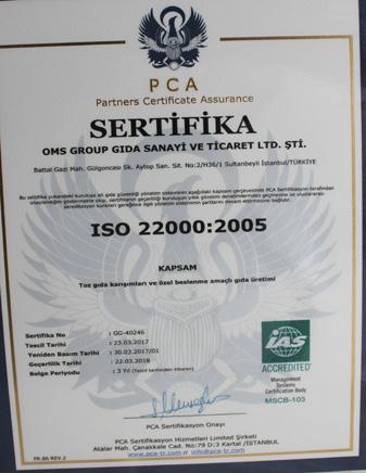 alındığı uluslar arası ISO 9001 ve uluslar arası Codex Alimentarius