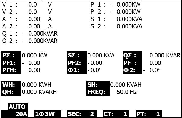 Resim 5-1 5.2 1Φ3A Ölçümü (monofaz üç tel) 1. POWER tuşuyla cihazı çalıştırınız ve sonra 1Φ 3Φ tuşuyla 1Φ 3A sistemini seçiniz, seçilen sistem adı ikinci ekranın sol alt kısmında gösterilir. 2.