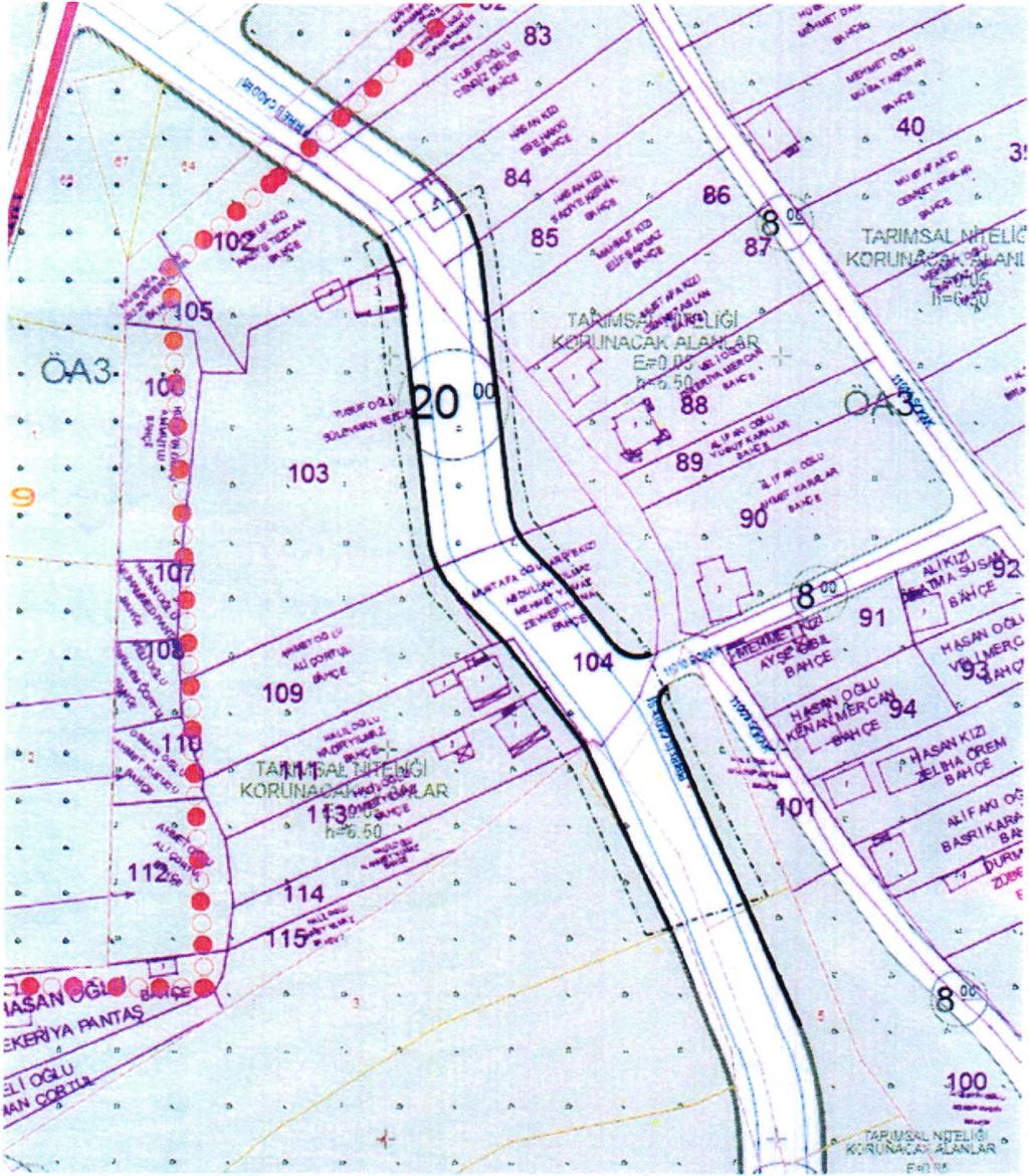 20 mt lik taşıt yolunun düzenlenerek 111,113 ve 114 nolu parsellere cephe sağlanmıştır. Yoğunluk veya diğer koşullar değiştirilmemiş aynen korunmuştur. Harita 2.