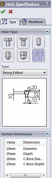 270 Legacy (Delikleri Düzenleme): Hole Specification diyalog kutusu Hole type (Delik tipi), Section dimensions (Kesit Ölçüleri), Value(Ölçü) değerleri çift tıklanarak ölçüler parametrik olarak