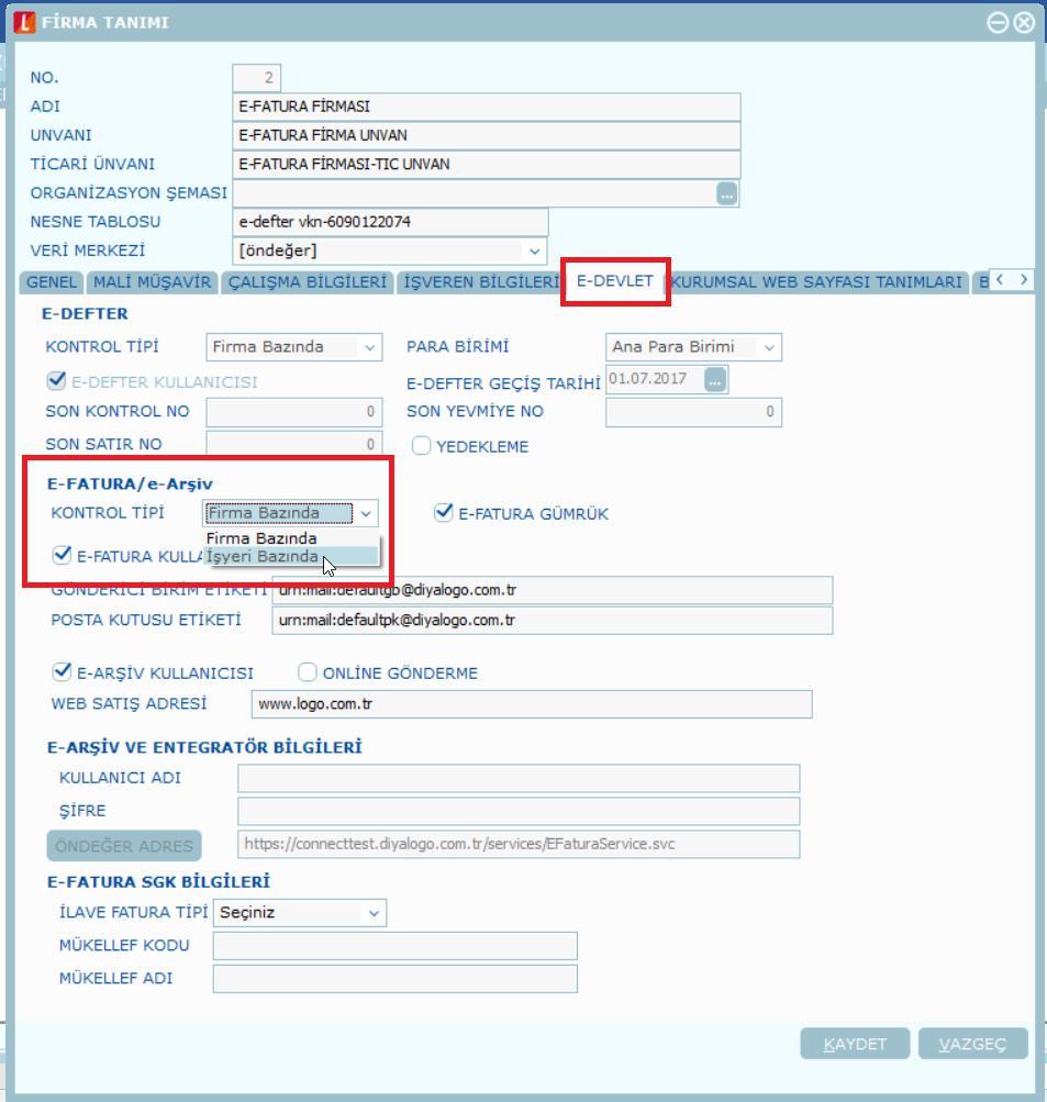 Bölüm a- Firma Bazında Sistem işletmeni, Firma detayları / e-devlet tabında e-fatura SGK Bilgileri tanımlanmalıdır.