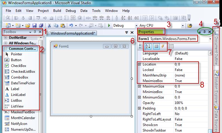 Visual Studio Ekranı 1- Toolbox 2- Components 3- Properties mönüsü 4-Mönü tutturucu