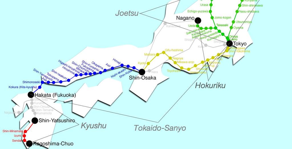 Japonya da şu anda işletimde olan Shinkansen hatları ve özellikleri [21] Yıllık yolcu Hat Uzunluk İşletmeci Açılış yılı miktarı (milyon) Tokaido Shinkansen 515.