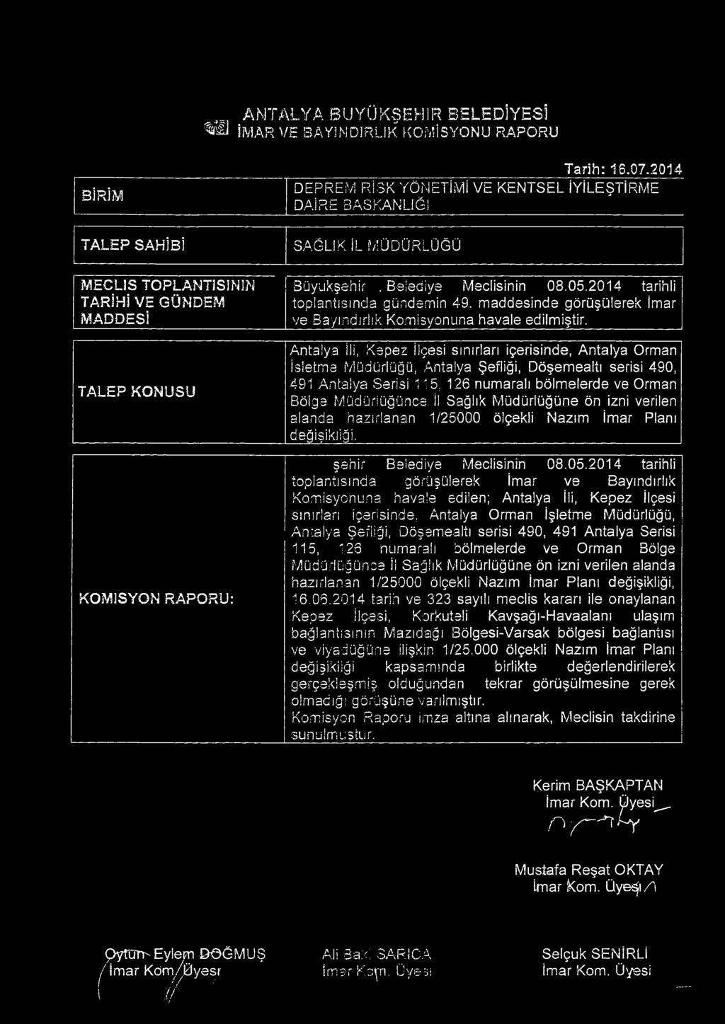 Belediye Meclisinin 08.05.2014 tarihli toplantısında gündemin 49. maddesinde görüşülerek İmar ve Bayındırlık Komisyonuna havale edilmiştir.